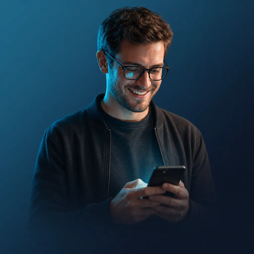Desarrollador sonriendo mientras usa WhatsApp con un agente de Jelou